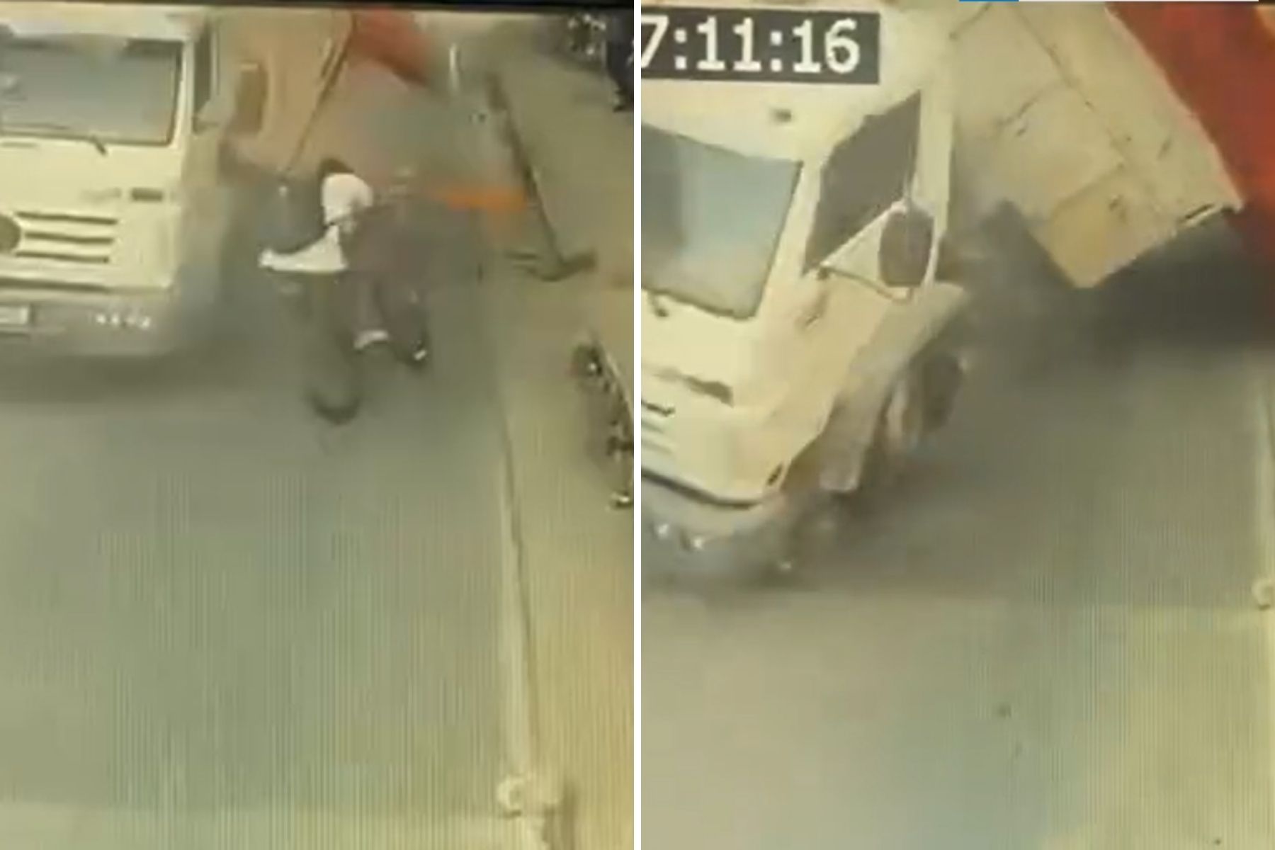 Vídeo: caminhão desgovernado tomba, bate de frente com ônibus, e ciclista escapa por pouco