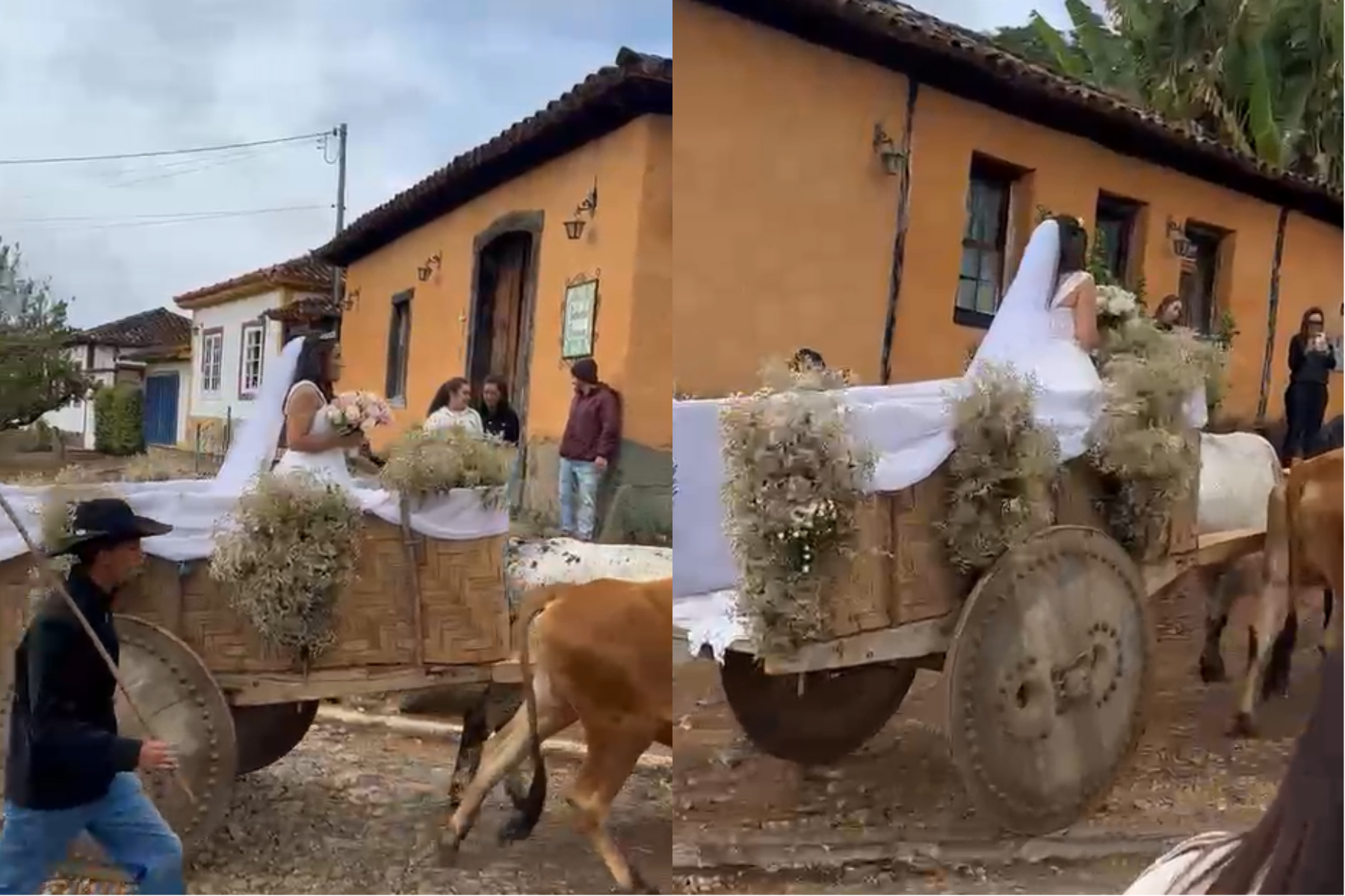Vídeo: 'Tradição', diz noiva que chegou em carro de boi para casar em igreja histórica de MG