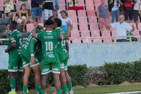 Jogadores do Uberlândia comemoram gol marcado diante da Portuguesa