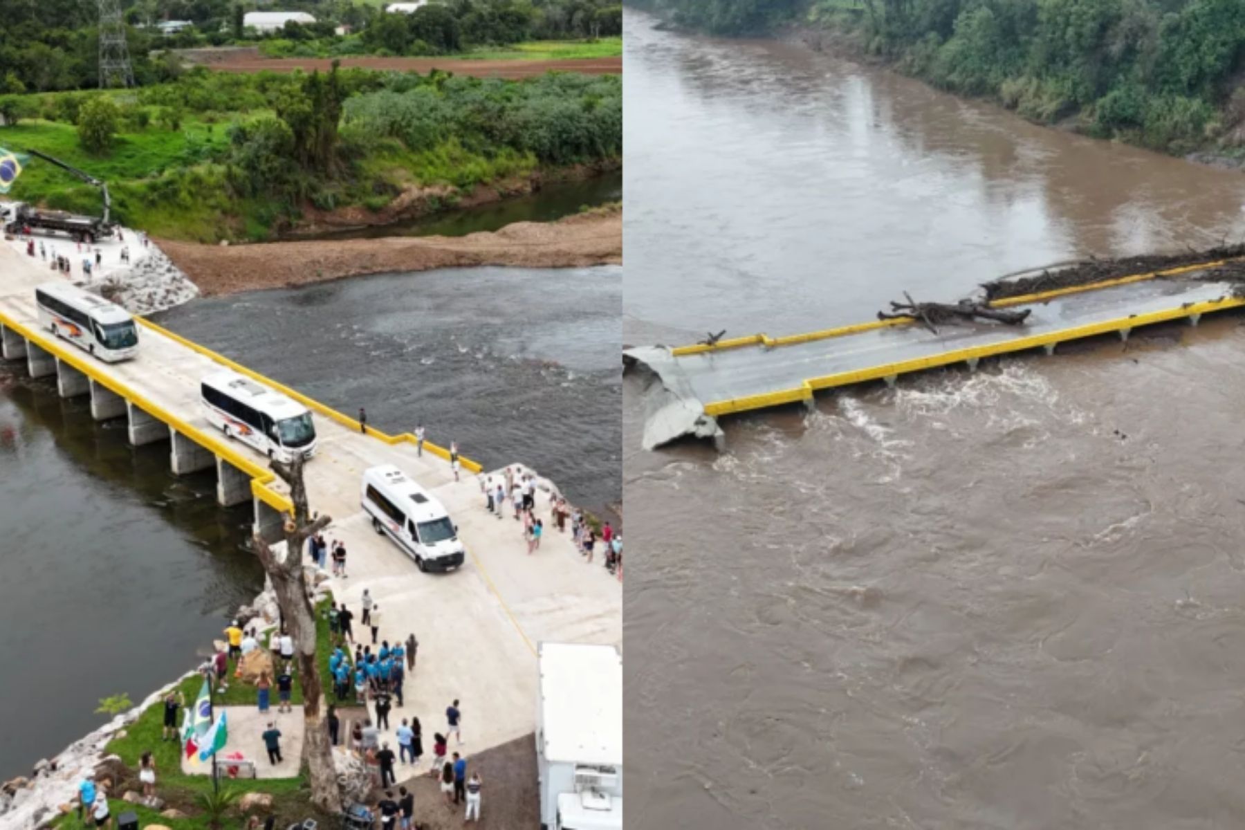 Ponte reconstruída após enchente volta a ser destruída por chuvas no Rio Grande do Sul