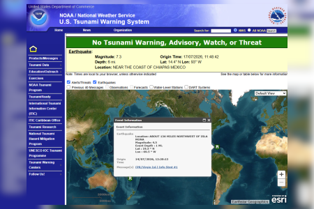 A atualização foi divulgada no site do Sistema de Alerta de Tsunami dos Estados Unidos. Na página inicial do portal está escrito: "Sem aviso, comunicado, alerta ou ameaça de tsunami". • Reprodução/NOAA
