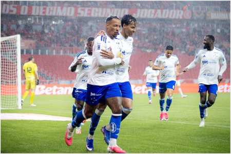 Jogadores do Cruzeiro comemoram gol no Beira-Rio • Lucas Bubols/Cruzeiro