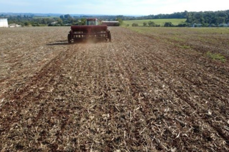 Trator realiza a semeadura de trigo em área de plantio direto, coberta por palhada, em propriedade rural do Rio Grande do Sul.