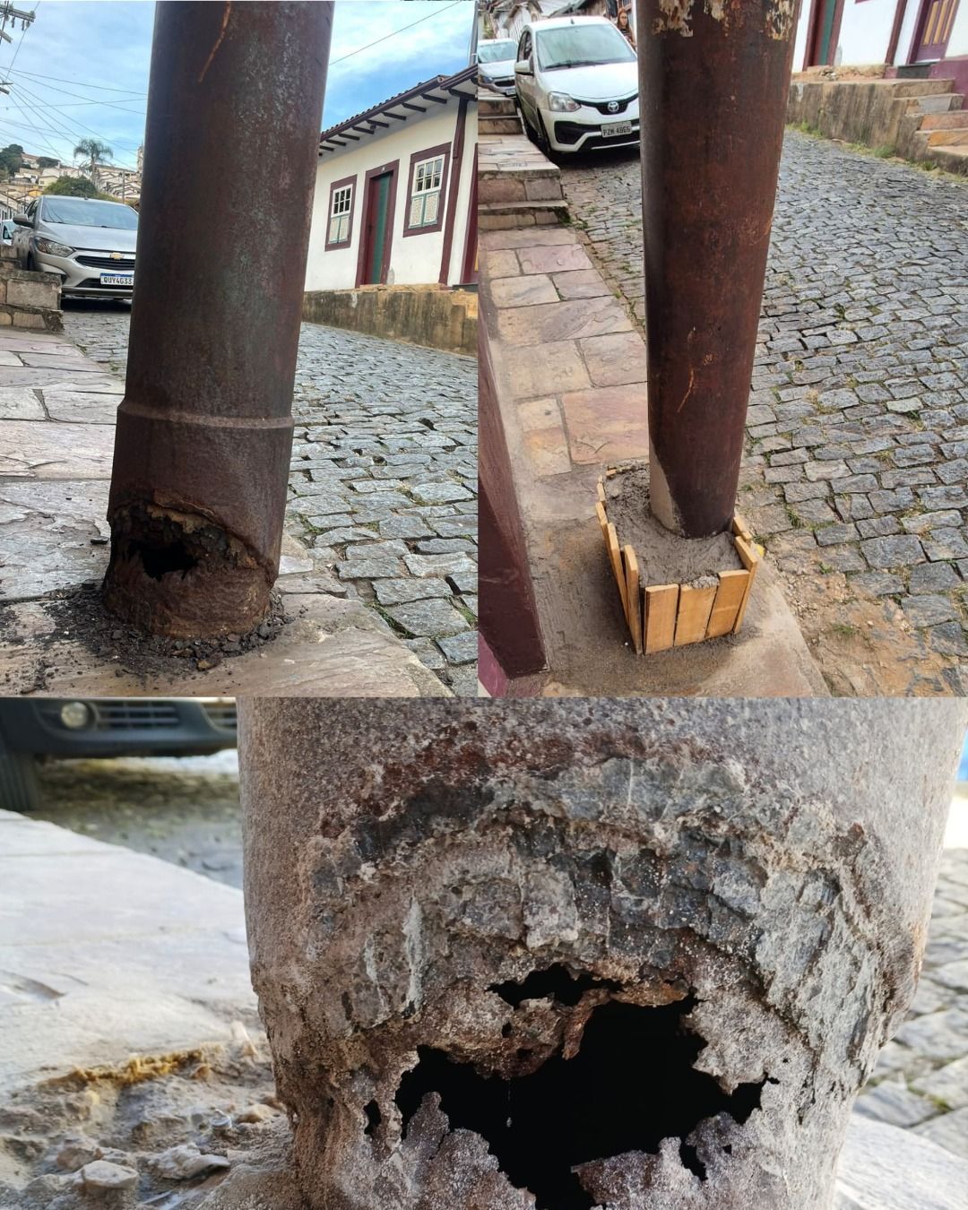 Moradores reclamam de poste escorado na Rua Santa Efigênia, em Ouro Preto