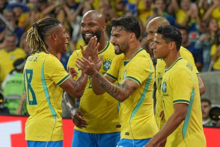 Seleção Brasileira comemora gol em amistro pré-Copa do Mundo de 2026