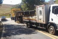 Caminhão carregado com aves tomba em rodovia no Campo das Vertentes