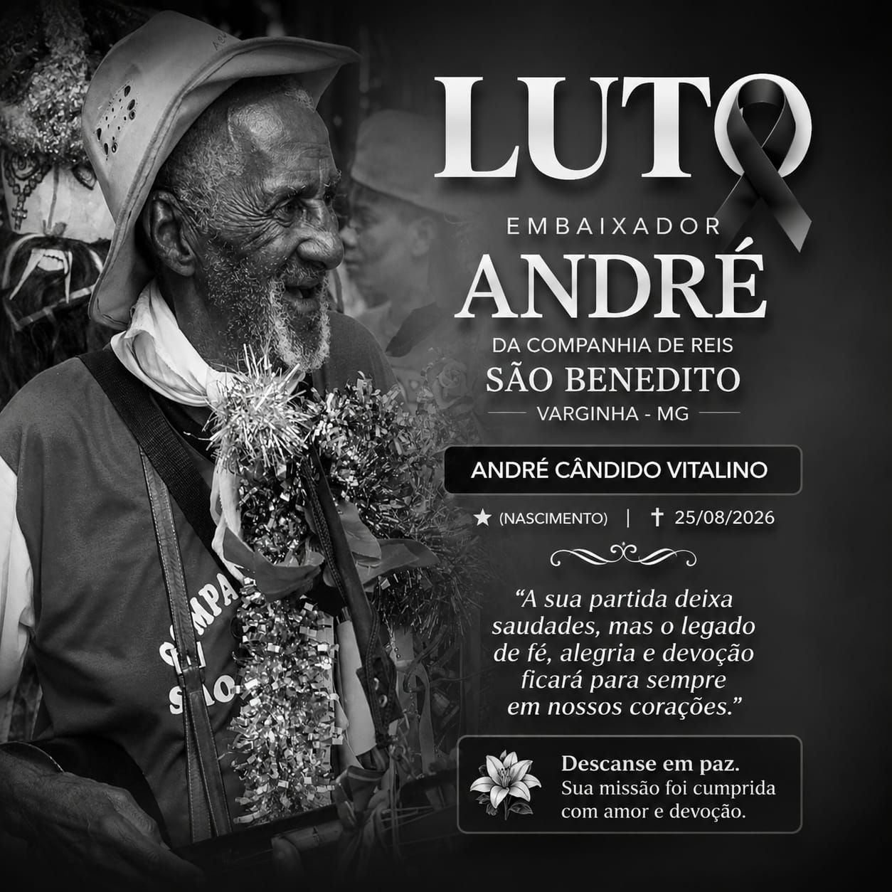Morre André Cândido Vitalino, embaixador da Folia de Reis em Varginha