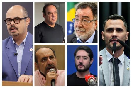 Montagem com fotos dos seis principais candidatos ao Governo de Minas Gerais. Da esquerda para a direita, de cima para baixo: Mateus Simões, Flávio Roscoe, Patrus Ananias, Alexandre Kalil, Gabriel Azevedo e Cleitinh