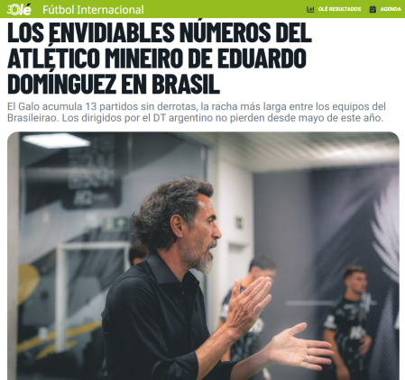 Publicação do Diario Olé, da Argentina, sobre trabalho de Eduardo Domínguez no Atlético • Reprodução / Diario Olé