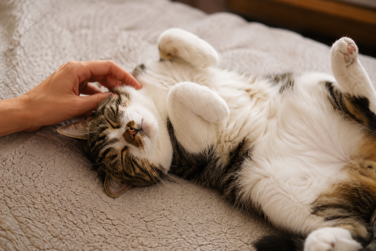 Gato deitado de barriga para cima nem sempre quer carinho; saiba o significado