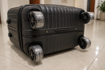 fita adesiva nas rodinhas da mala de viagem