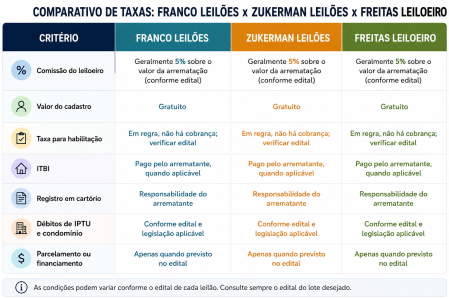 Tabela mostra comparação entre leiloeiras do mercado brasileiro. • Itatiaia