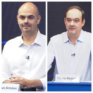 Flávio Roscoe e Mateus Simões durante debate entre candidatos ao governo de Minas Gerais