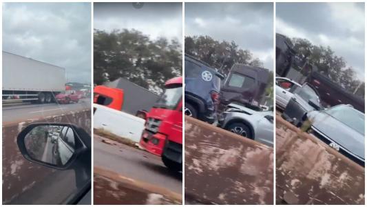 Vídeo obtido pela reportagem da Itatiaia flagrou diversos veículos atingidos e o trânsito parado