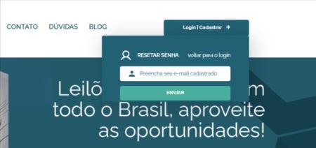 Plataforma da Franco Leilões facilita a recuperação da senha. • Franco Leilões/ Reprodução