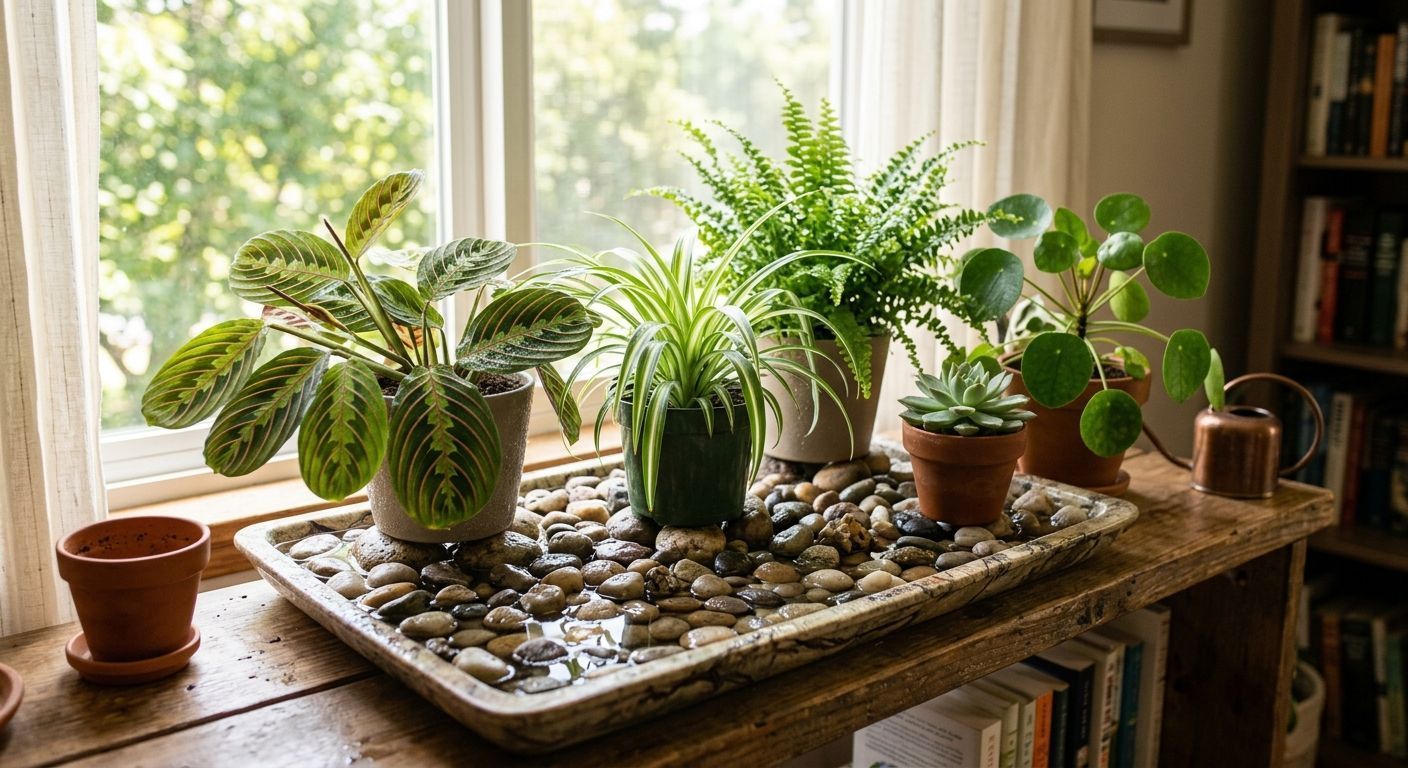 Colocar uma bandeja com pedras sob os vasos de plantas na sala de estar: para que serve