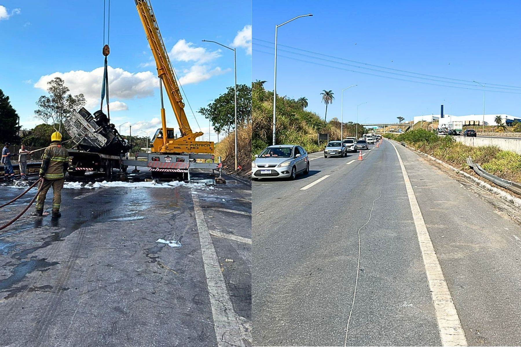 Faixa na MG-010, onde caminhão-tanque tombou, segue interditada nesta sexta-feira (28)