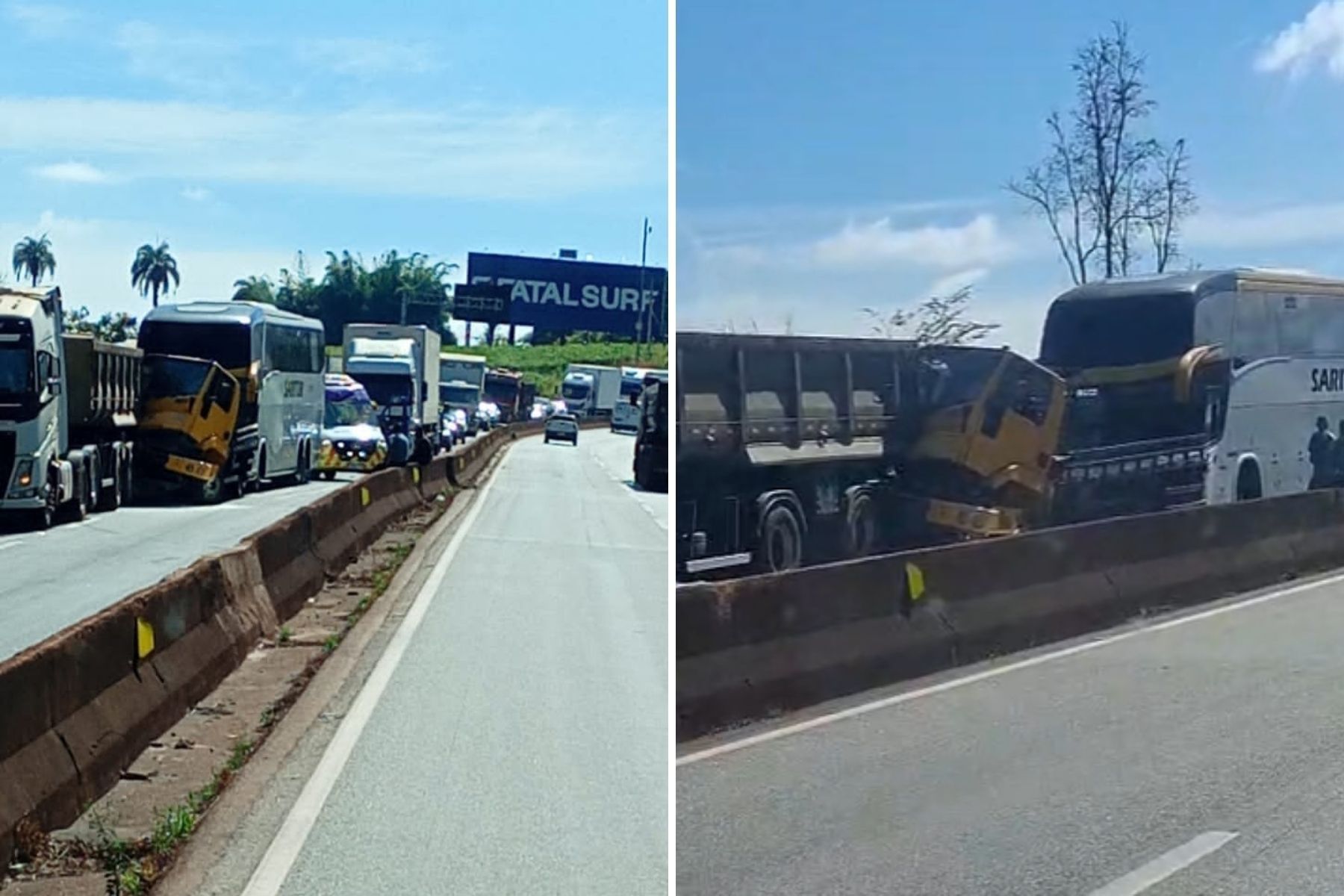 Engavetamento entre ônibus, carreta e caminhão fecha a Rodovia Fernão Dias, na Grande BH
