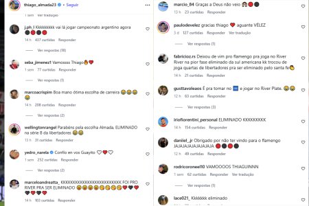 Mensagens de flamenguistas no instagram de Almada • Reprodução
