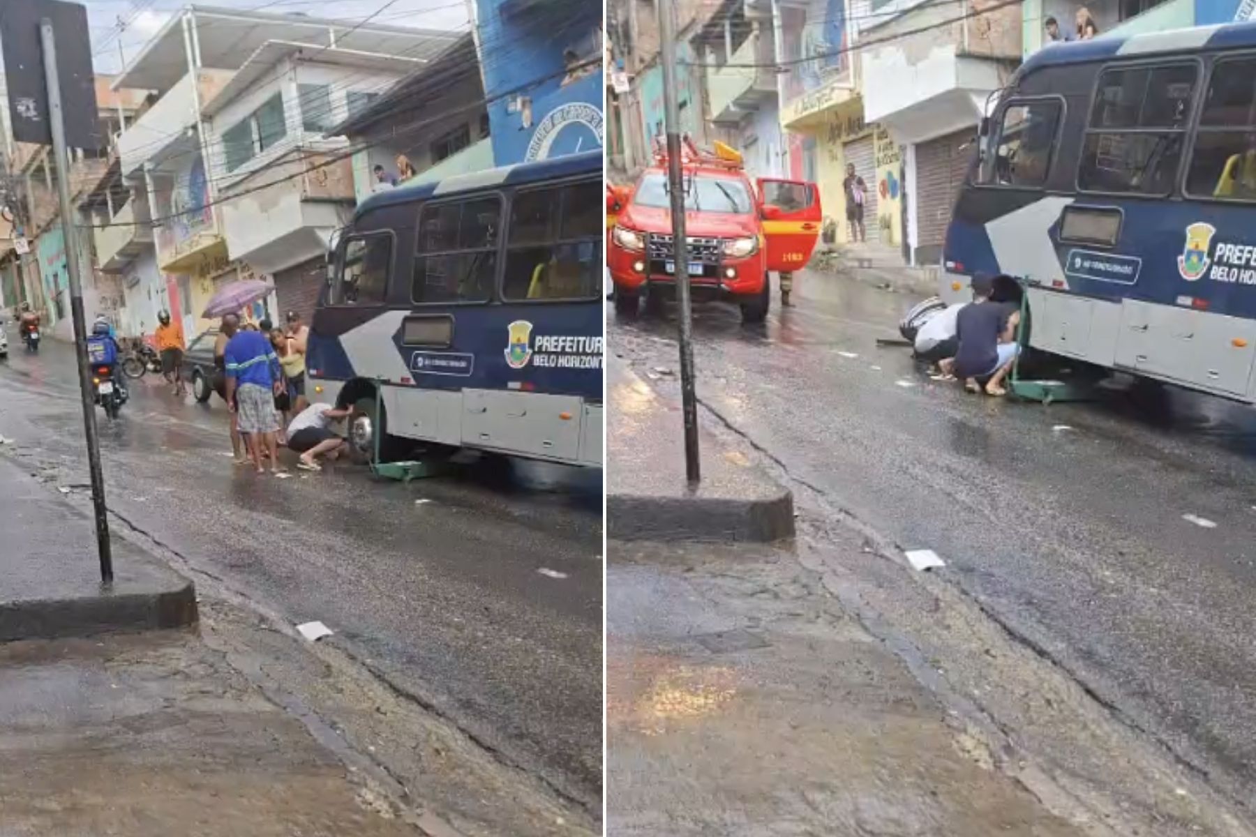 Motociclista vai parar debaixo de ônibus em rua íngreme em BH durante chuva forte