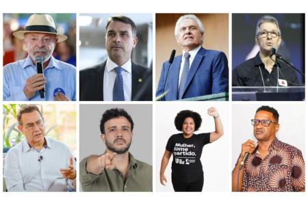 Os presidenciáveis: Luiz Inácio Lula da Silva (PT), Flávio Bolsonaro (PL), Ronaldo Caiado (PSD), Romeu Zema (Novo), Augusto Cury (Avante), Renan Santos (Missão), Samara Martins (Unidade Popular) e Hertz Dias (PSTU)