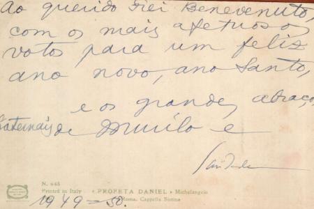 Verso de postal enviado por Murilo Mendes a Frei Benevenuto • Imagem do acervo do MAMM no livro "Correspondência e Eternidade Cartas de Murilo Mendes a Alceu Amoroso Lima e Outros"