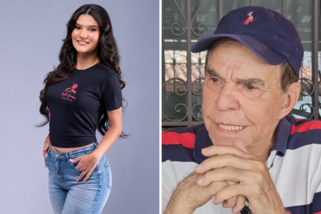 Sophia Gomes à esquerda, fotografada de blusa preta e calça jeans clara; à direita, Almir Rangel com as mãos unidas abaixo do queixo