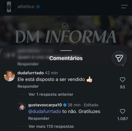 Resposta de Gustavo Scarpa a comentário no post do Instagram do Atlético • Instagram / Atlético