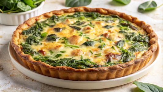 Quiche vegana combina massa caseira, tofu e espinafre em uma preparação prática.