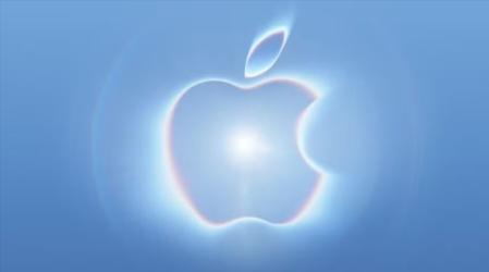 Logo da Apple em um fundo azul reluzente