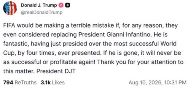 Donald Trump saiu em defesa de Gianni Infantino • Reprodução/Truth Social