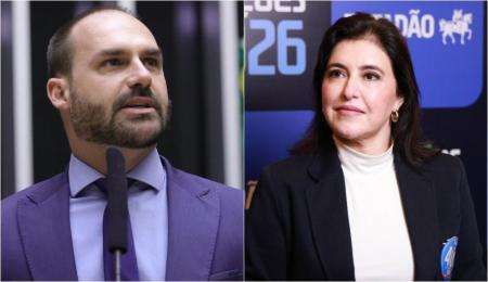 O ex-deputado federal, Eduardo Bolsonaro, e a candidata ao Senado por SP, Simone Tebet