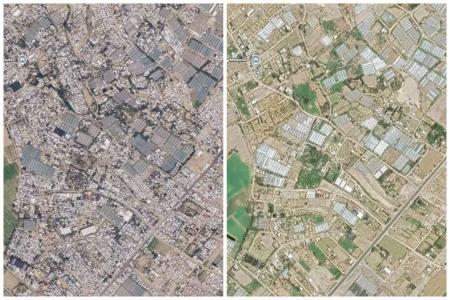 Imagens de satélite mostram a área de Al-Mawasi, na Faixa de Gaza, em agosto de 2023 (antes da guerra) e em fevereiro de 2026 (pós-guerra) • Reprodução/Google Earth