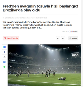 Publicação do Fanatik sobre Fred, meia do Atlético • Reprodução / Fanatik
