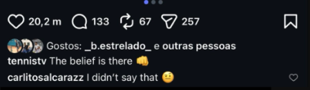 Carlos Alcaraz nos comentários • Divulgação/Instagram