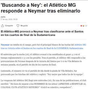 Matéria da ESPN, do México, sobre provocação do Atlético a Neymar • Reprodução / ESPN