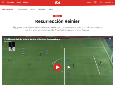 Matéria do jornal Diario As, da Espanha, dedicada a Reinier, do Atlético • Reprodução / Diario As