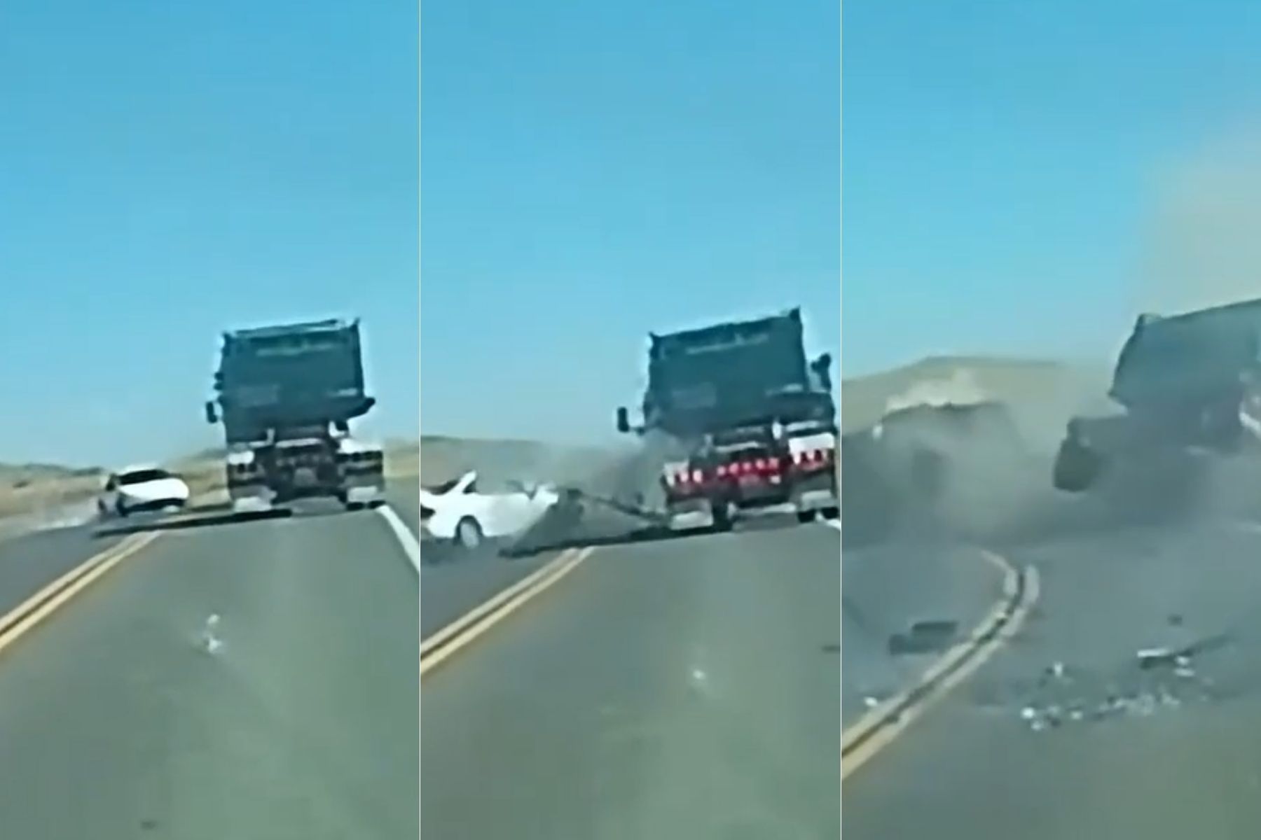 Carro invade pista contrária e bate de frente com caminhão; vídeo impressiona