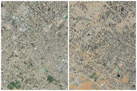Imagens de satélite mostram a Cidade de Gaza, na Faixa de Gaza, em agosto de 2023 (antes da guerra) e em fevereiro de 2026 (pós-guerra) • Reprodução/Google Earth