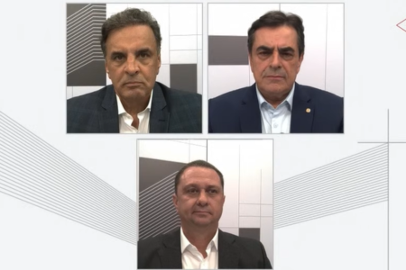 Aécio Neves (PSDB), Domingos Sávio (PL) e Manoel Carvalho (MDB) durante debate promovido pelo portal G1