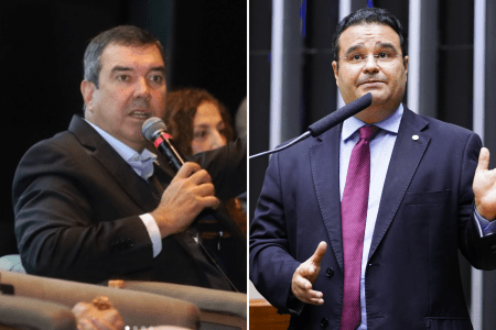 À esquerda, o atual governador do MS, Eduardo Riedel (PP); à direita, o candidato ao governo do estado e deputado federal Fábio Trad (PT)