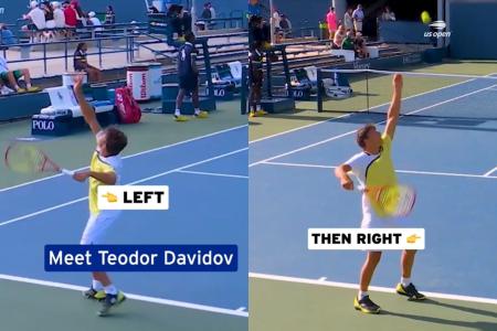 Teodor Davidov consegue sacar com as duas mãos e não utiliza backhand