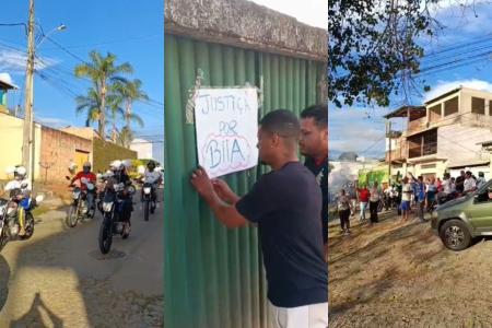 Familiares e amigos da vítima protestam com balões brancos e cartazes