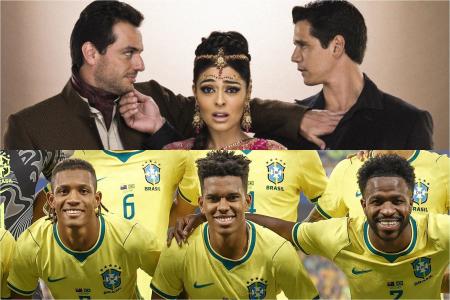 Acima Raj, Maya e Bahuan, protagonistas de caminho das índias, abaixo jogadores da Seleção Brasileira