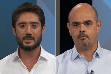 Gabriel Azevedo (esq.) e Mateus Simões (dir.) durante debate entre candidatos ao Governo de Minas Gerais na TV Globo