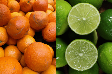 Laranjas e limões dispostos lado a lado, com laranjas em uma metade da imagem e limões na outra.