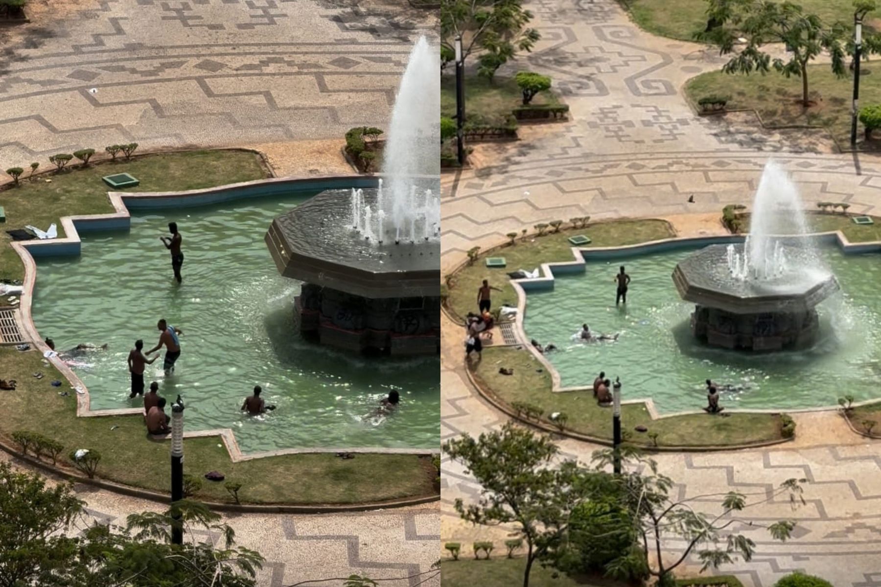 Em meio à onda de calor, moradores se refrescam em chafarizes da Praça Raul Soares, em BH; veja vídeo