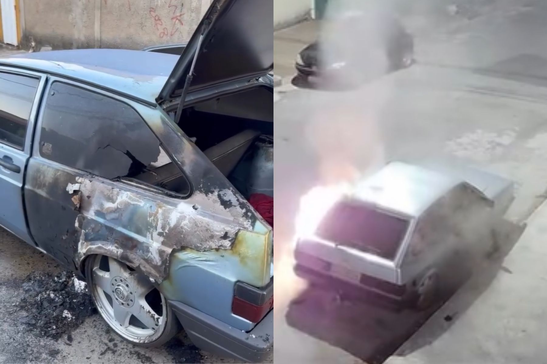Câmera de segurança flagra homens ateando fogo em um carro em Contagem, na Grande BH