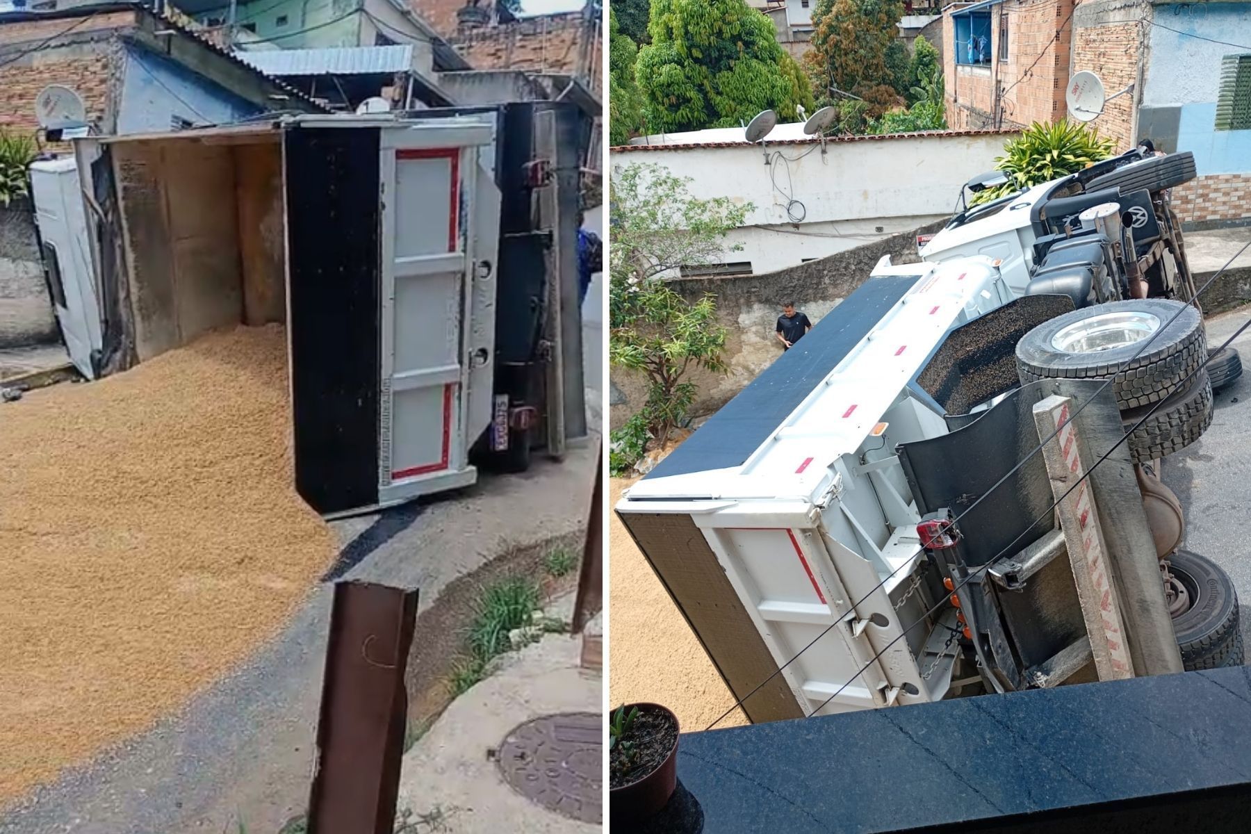 Vídeo mostra momento em que caminhão de areia tomba em morro no bairro Aparecida em BH