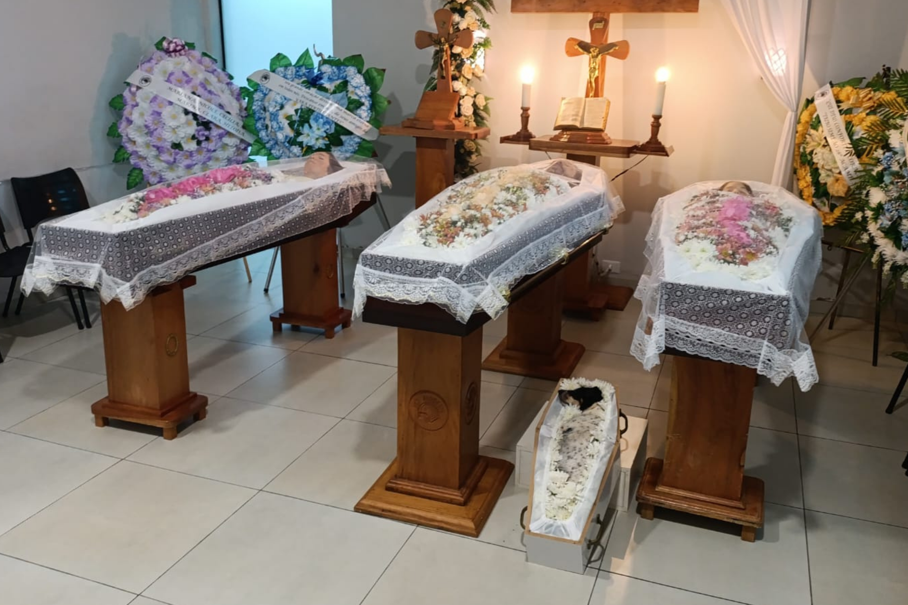 Cachorrinha é velada ao lado de pai e filhas, vítimas de grave acidente no MS; veja fotos